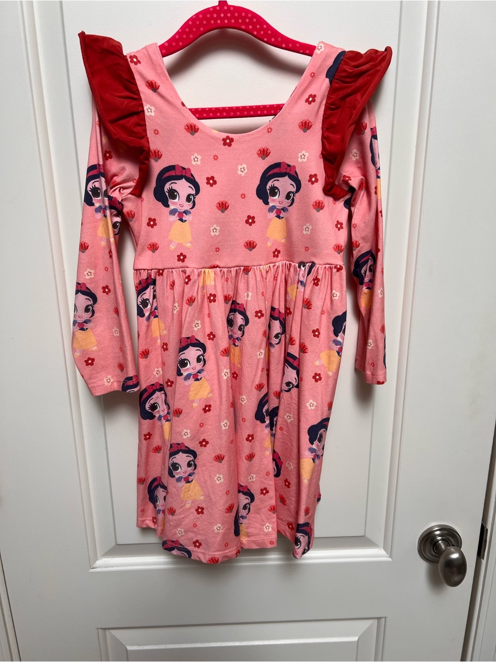 Girls Snow White Print Ruffle-Shoulder Casual Dress